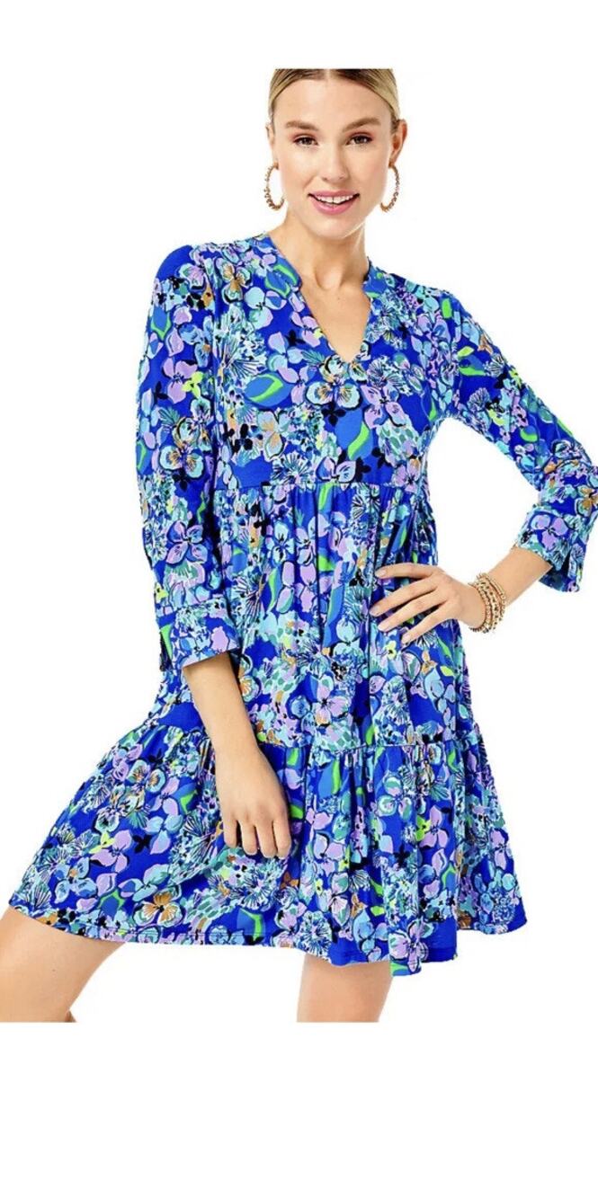 LILLY PULITZER ALAINA DRESS 3/4 SLEEVE BLUE GROTTO TWILIGHT TROPICS small $118 - Picture 1 of 9